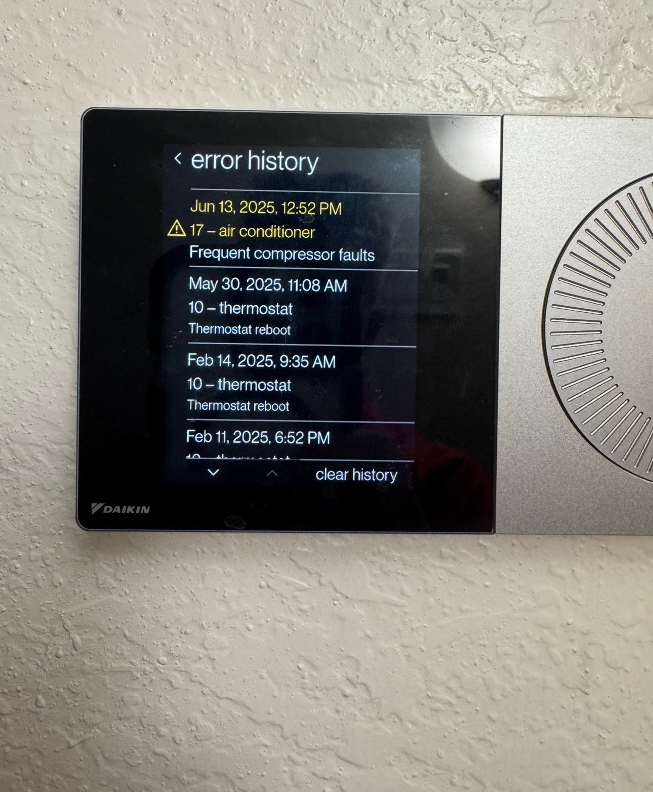Advanced thermostat displaying an error code during troubleshooting