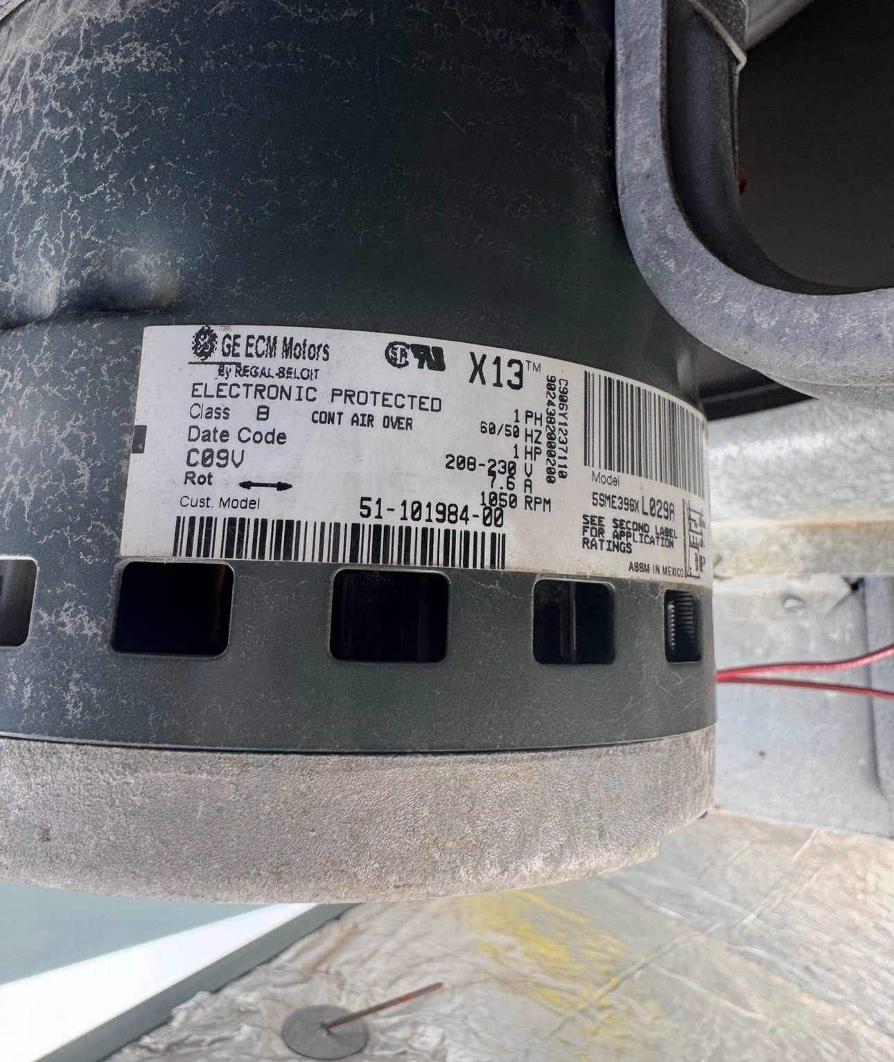 Indoor fan motor data plate showing specifications during AC repair in Avra Valley